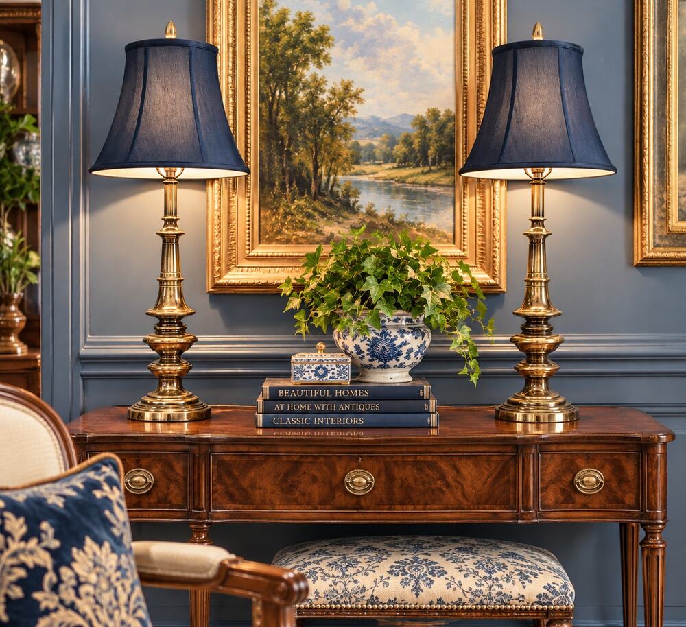 LARGE Pair Vintage Brass Tone Table Lamps Navy Silk Shades 33” Neoclassical